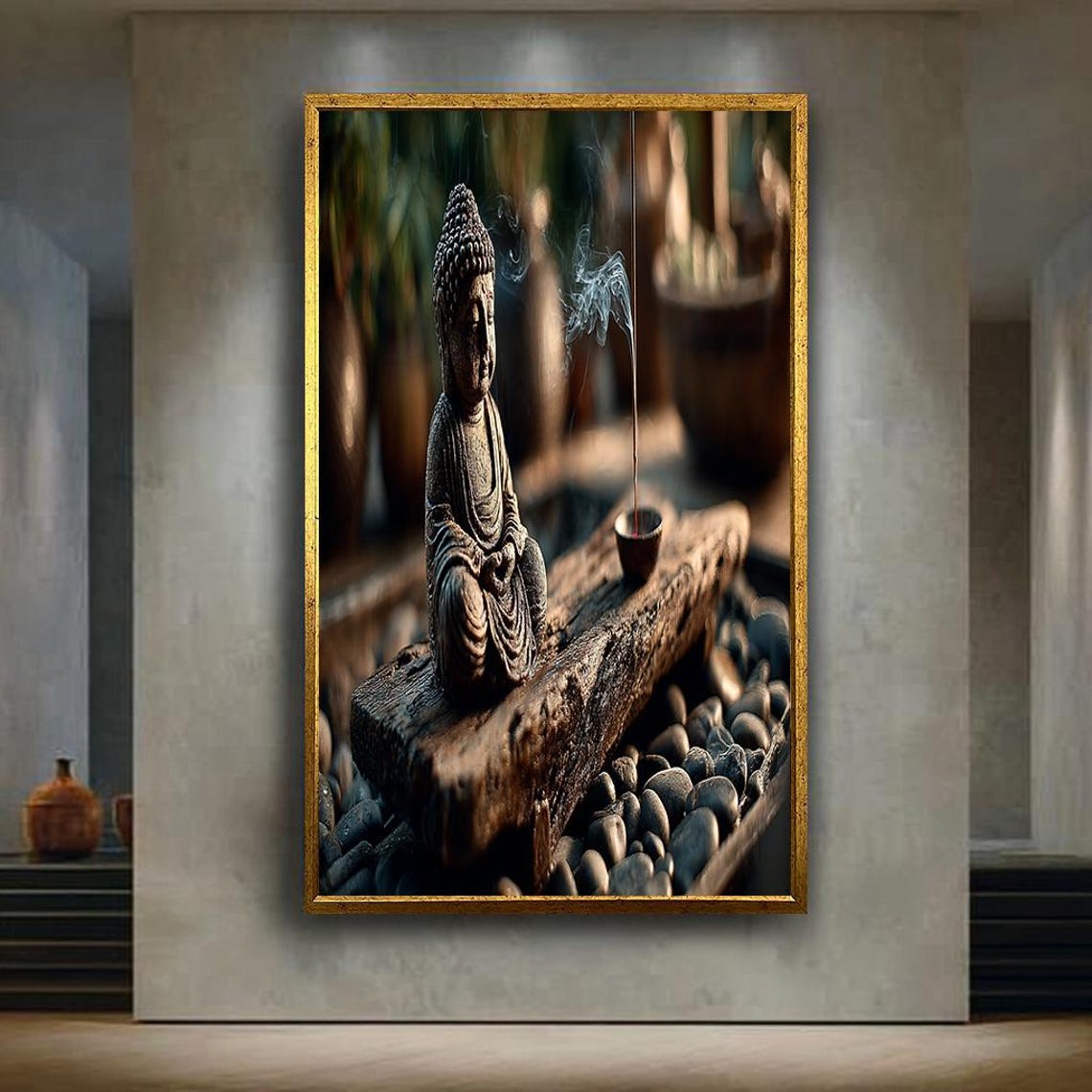 Zen Buddha Burning Incense Driftwood River Stones Meditation Poster
