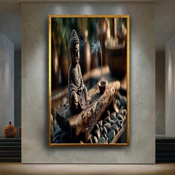 Zen Buddha Canvas Wall Art With Burning Incense And Stones Peaceful Spiritual Decor Print For Meditation Or Yoga Room Ambience