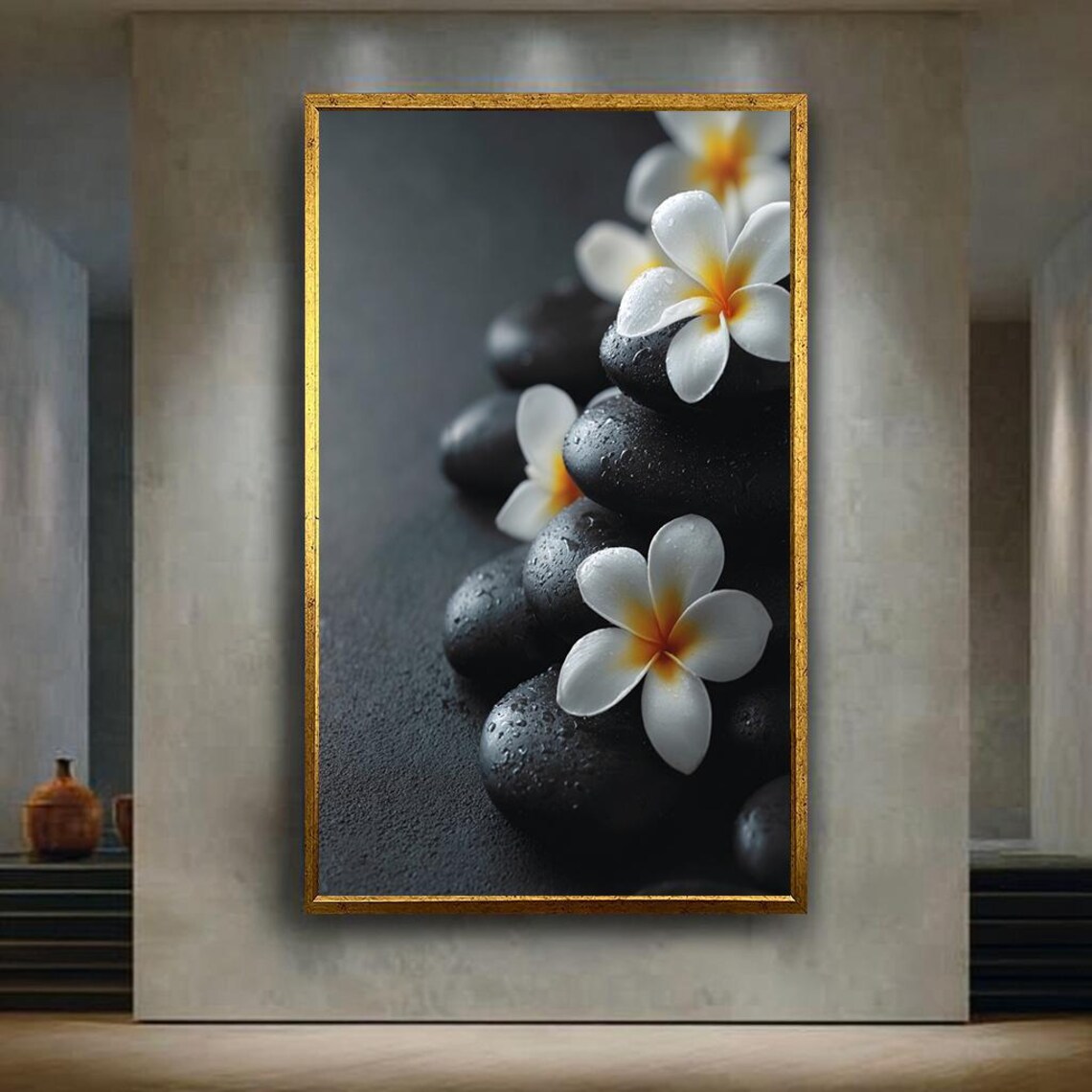 White Plumeria Flowers Wet Black Stones Dew Drops Spa Serenity Poster