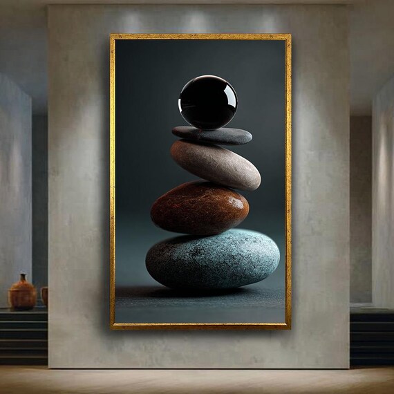 Colorful Zen Stone Stack Canvas Print Minimalist Balance Wall Art With Black Glass Sphere For Modern Home Spa Room Or Meditation Decor