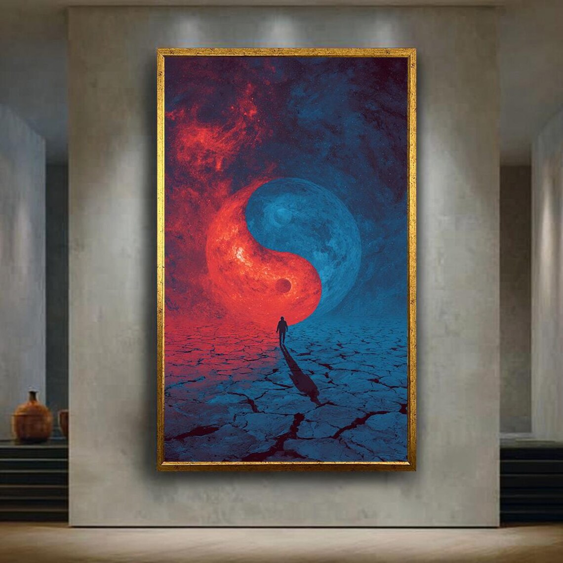 Yin Yang Cosmic Red And Blue Universe Lone Figure Balance Art Poster