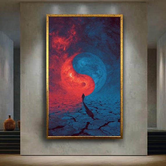 Yin Yang Cosmic Wall Art Print Red And Blue Spiritual Energy Poster Surreal Universe Illustration Balance Symbol Decor