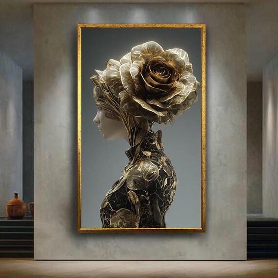 Woman in Golden Rose Head Sculpture Luxury Gothic Portrait Poster