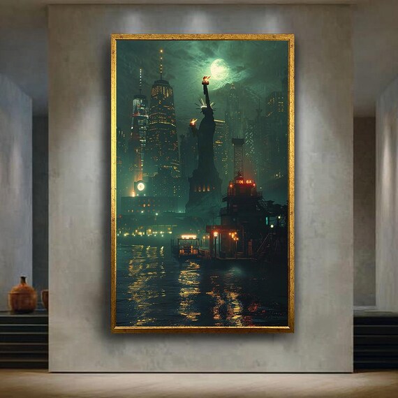 Statue Of Liberty Night City Canvas Wall Art Urban Skyline Artwork For Home Decor New York Gift Cityscape And Travel Lovers
