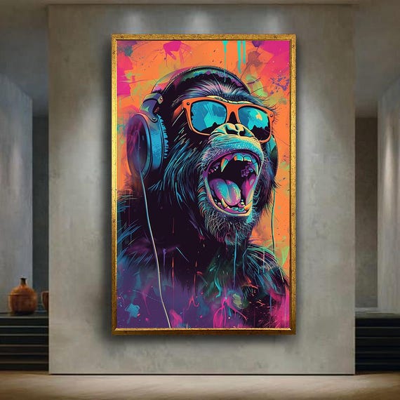 Colorful Monkey Canvas Wall Art Modern Pop Print With Headphones Neon Graffiti Jungle Animal Decor