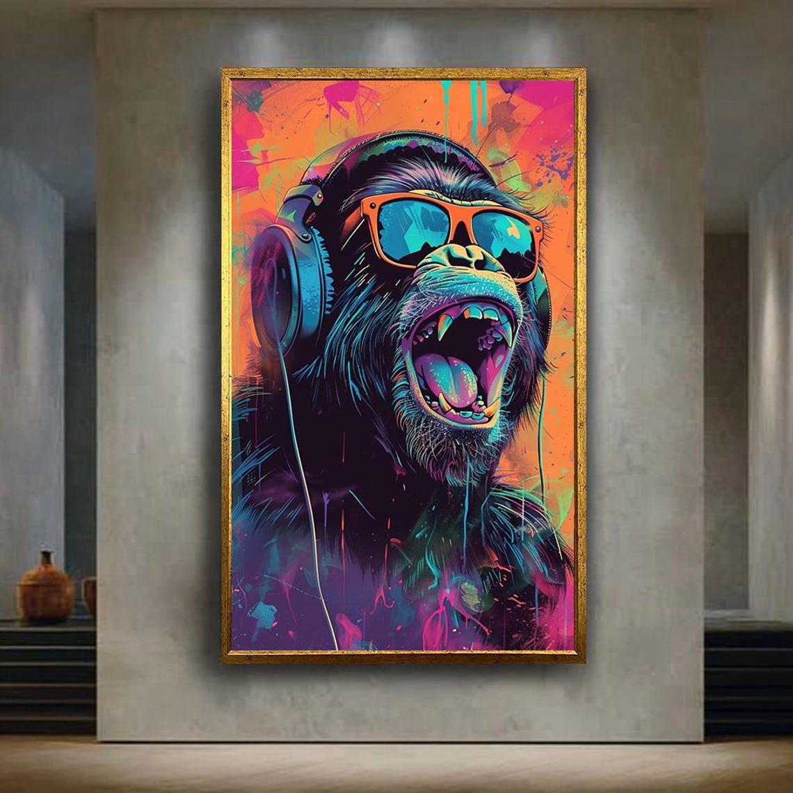 Colorful Monkey With Headphones Neon Pop Art Music Style Poster