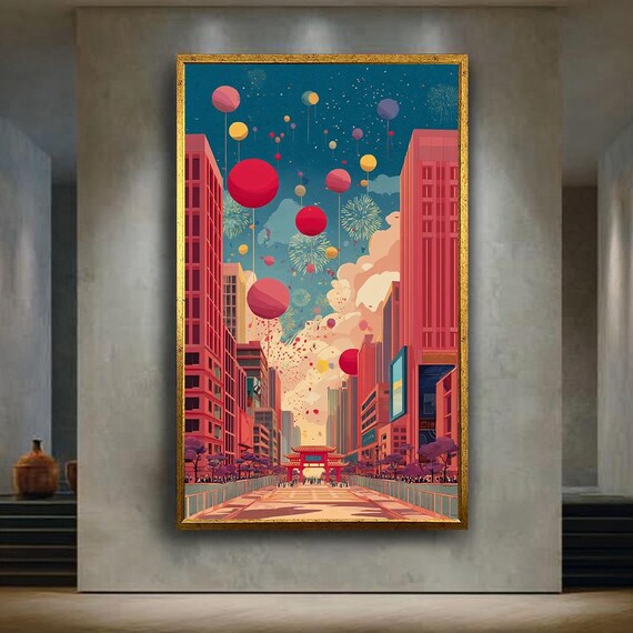 Colorful Festival Cityscape Canvas Art Modern Celebration Street Poster Fireworks And Balloons Urban Wall Print Vibrant Skyline Decor
