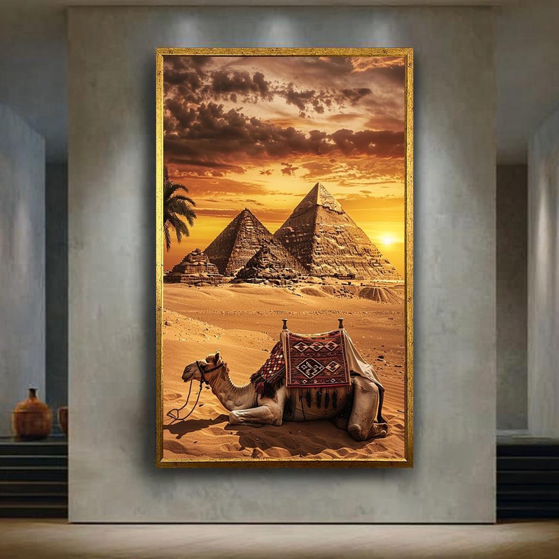 Resting Camel Before the Giza Pyramids at Desert Sunset Poster