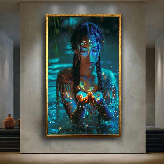 Mystical Fantasy Girl Canvas Wall Art With Glowing Fish And Tribal Lights Ethereal Water Spirit Print For Magical Boho Home Decor