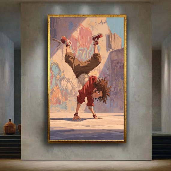 Anime Breakdancer Canvas Wall Art Urban Street Style One Hand Handstand Graffiti Scene For Hip Hop And Dance Room Decor