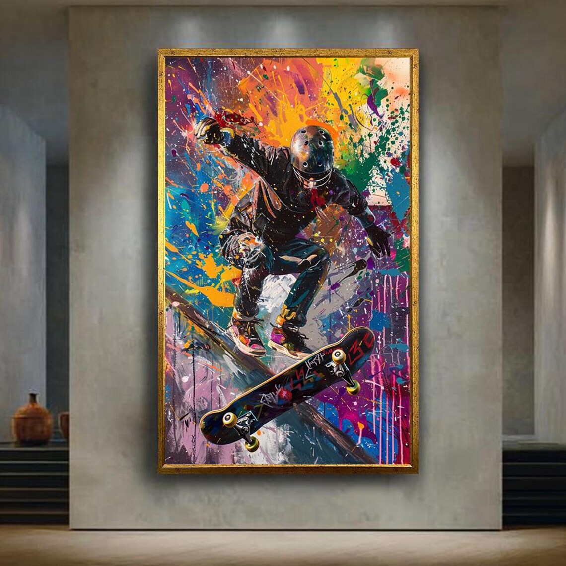 Urban Skateboarder Mid Trick Explosive Graffiti Splash Art Poster