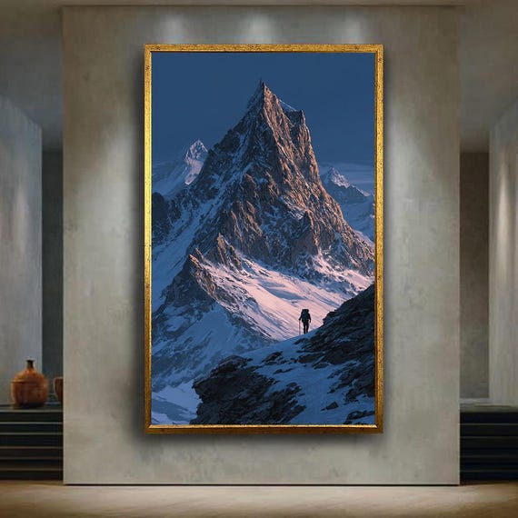 Majestic Mountain Wall Art Print Snowy Peak Landscape Canvas Poster Winter Climber Illustration Adventure Nature Scene Decor
