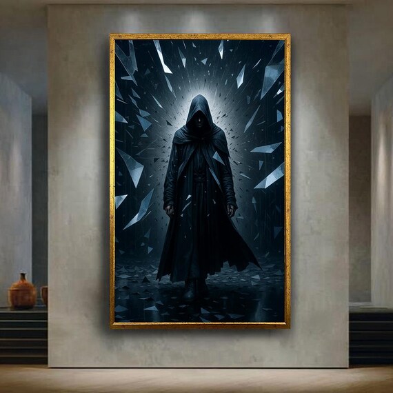 Dark Hooded Figure Fantasy Wall Art Gothic Shadow Warrior Canvas Print Mysterious Poster For Home Or Studio