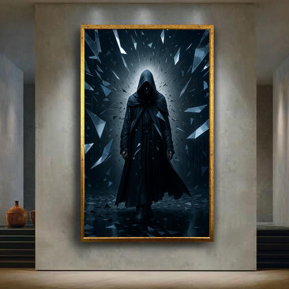 Dark Hooded Figure Among Shattered Glass Gothic Fantasy Warrior Poster