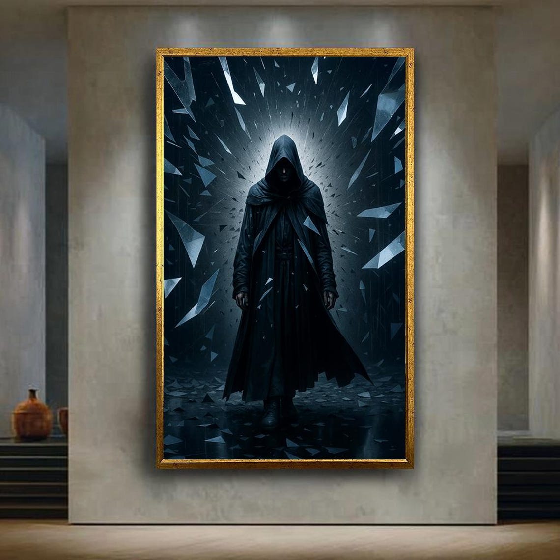 Dark Hooded Figure Fantasy Wall Art Gothic Shadow Warrior Canvas Print Mysterious Poster For Home Or Studio