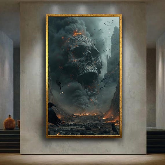 Giant Skull Apocalypse Canvas Wall Art Dark Burning Mountain Pass With Ravens Gothic Horror Fantasy Print For Dramatic Home Decor