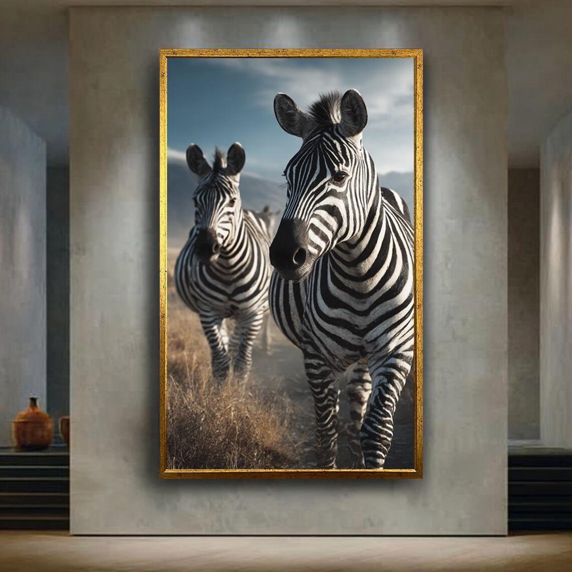 Two Zebras Safari Savannah Black White Wildlife Photography Poster
