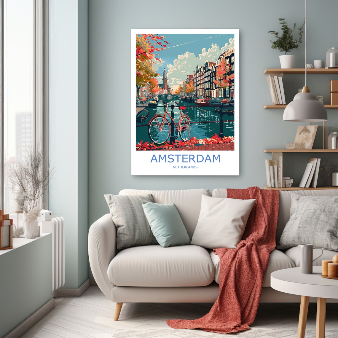 Amsterdam Canal Autumn Scene With Red Bicycle Vintage Travel Poster - Image 2