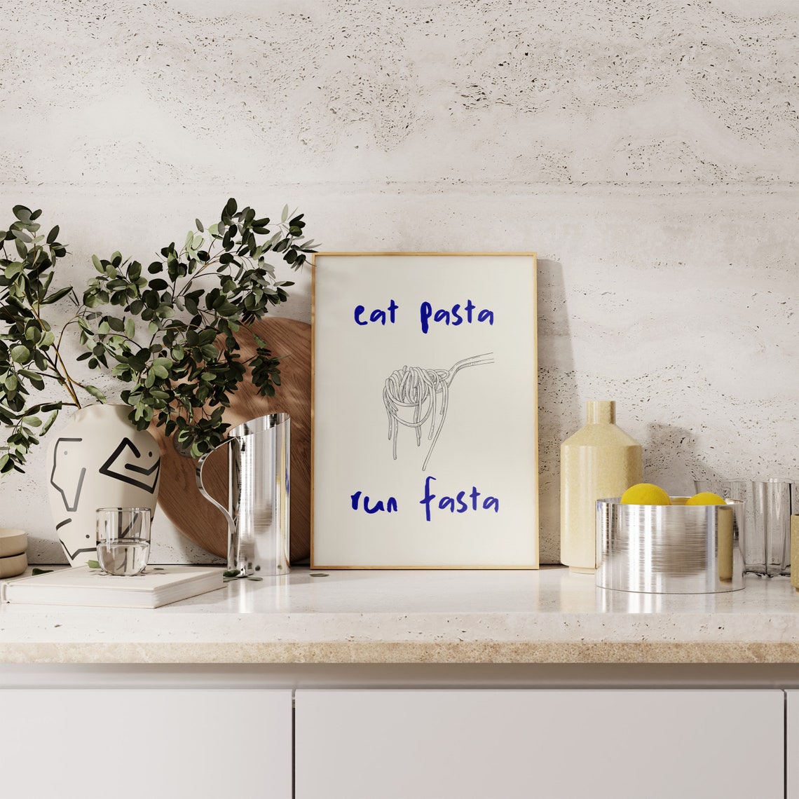 Eat Pasta Run Fasta Blue Handwritten Spaghetti Fork Kitchen Poster - Image 3