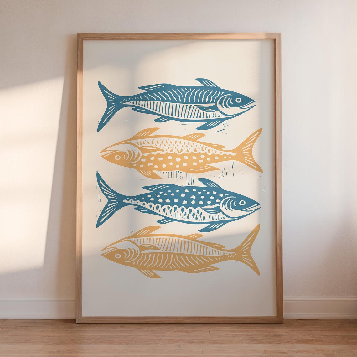 Four Blue Ochre Patterned Fish Block Style Coastal Kitchen Wall Art
