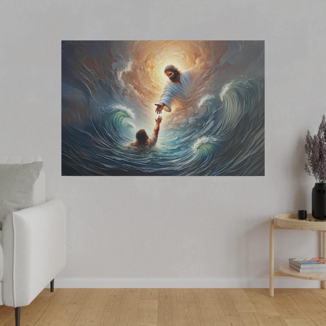 Hopeful Jesus Reaching Sinking Peter In The Stormy Sea Poster - Image 4