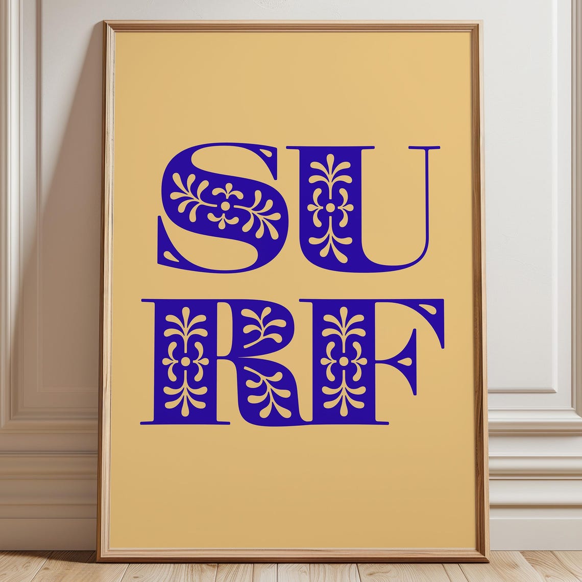 Surf Retro Typography Poster With Blue Floral Letters On Warm Tan