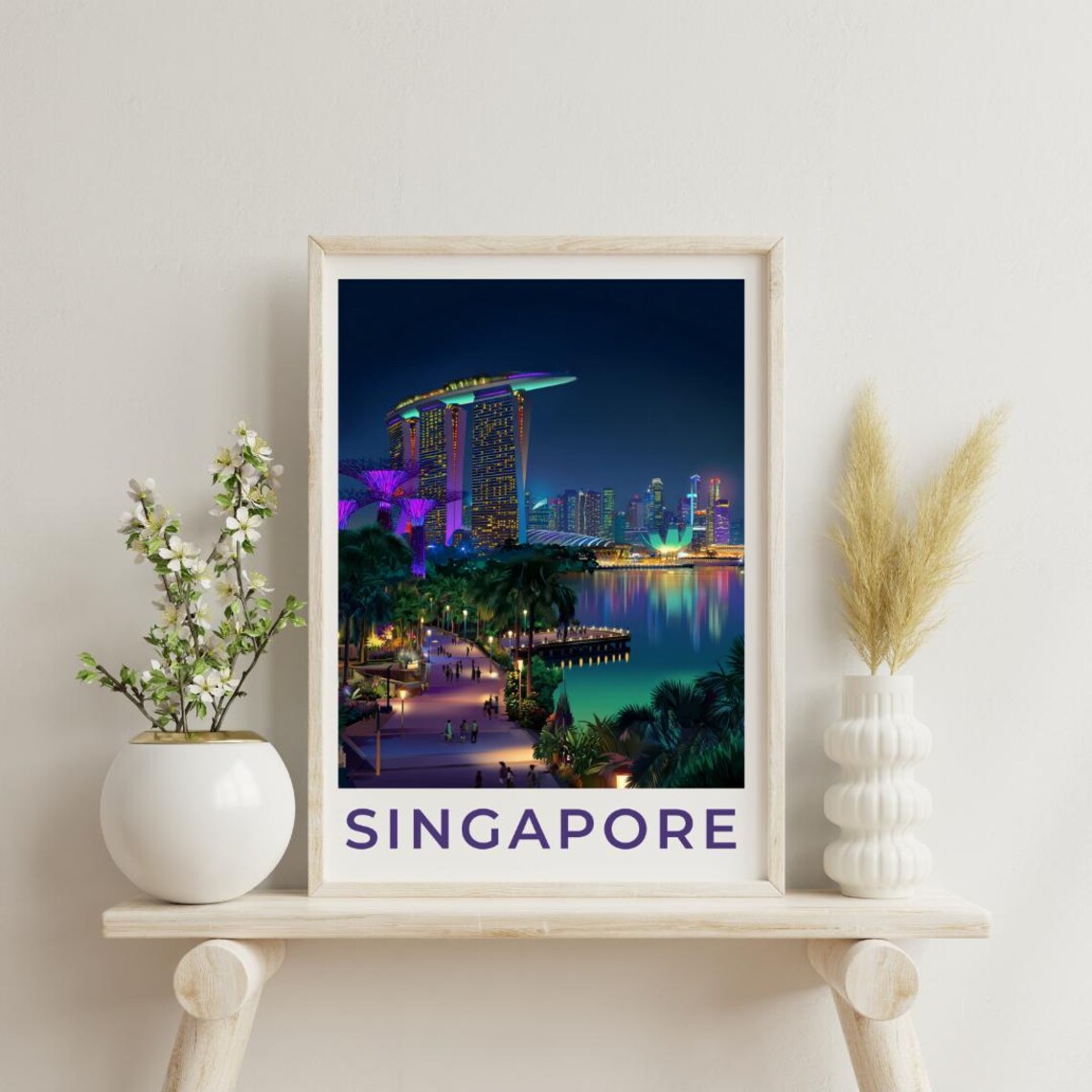 Singapore Asia Vintage Marina Bay Sands Night Skyline Poster