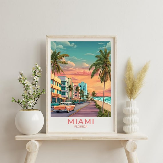 Miami Florida Vintage Sunset Travel Poster Art Deco Classic Beach Scene
