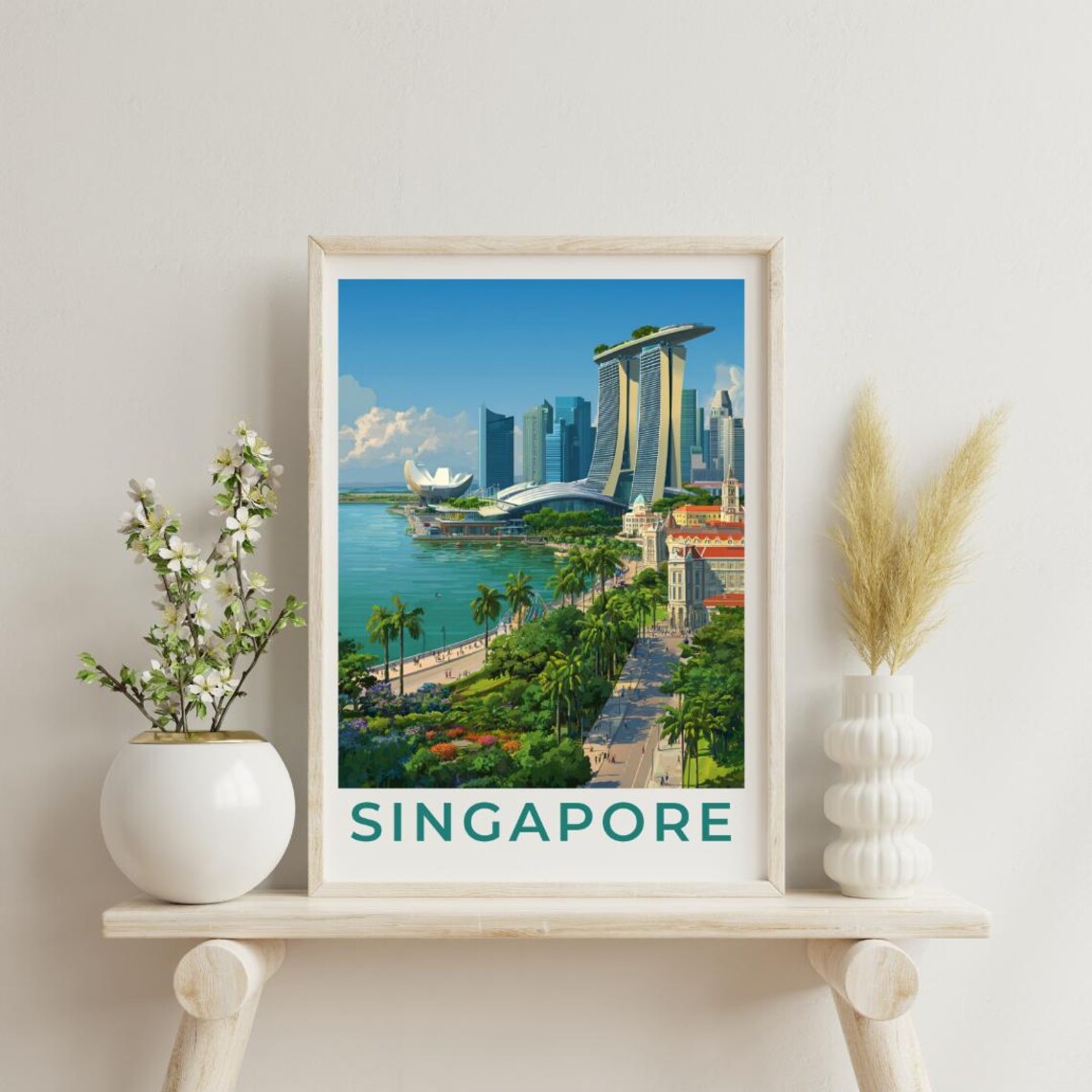 Singapore Marina Bay Vintage Travel Poster City Skyline View