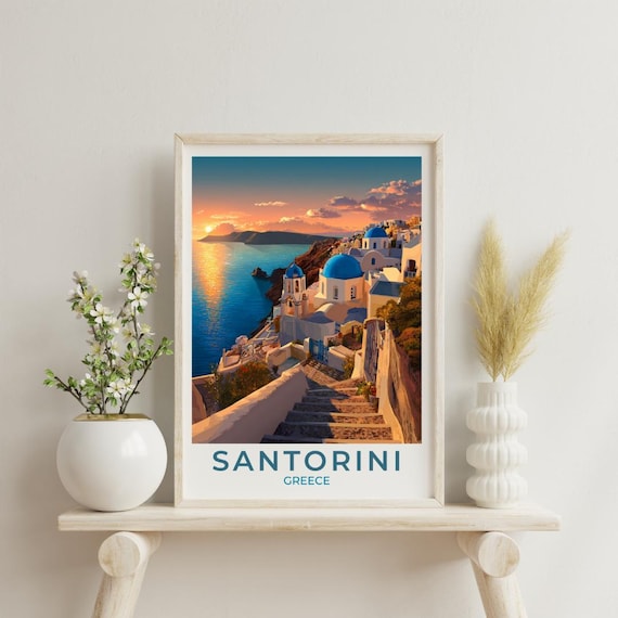 Santorini Greece Sunset Travel Poster Blue Domes Aegean Sea View