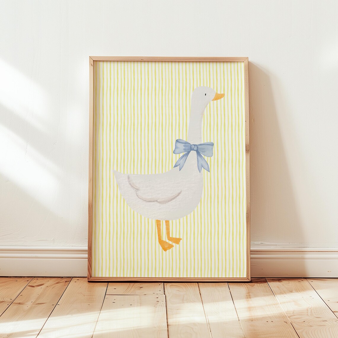 Goose with Blue Bow Poster on Yellow Striped Background for Nursery Decor