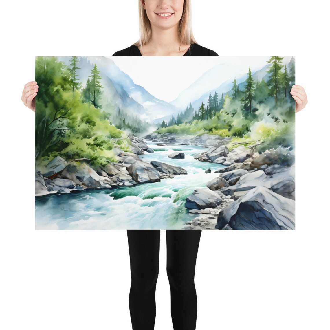 Mountain River Watercolor Landscape, Minimalist Art Print - Image 4