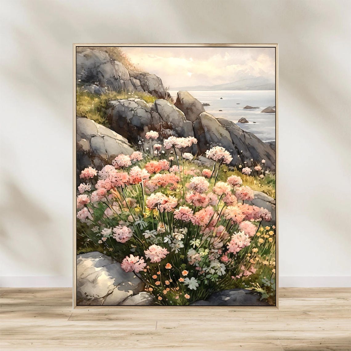 Rocky Seashore Pink Sea Thrift Flowers Calm Water Watercolor Poster - Image 3
