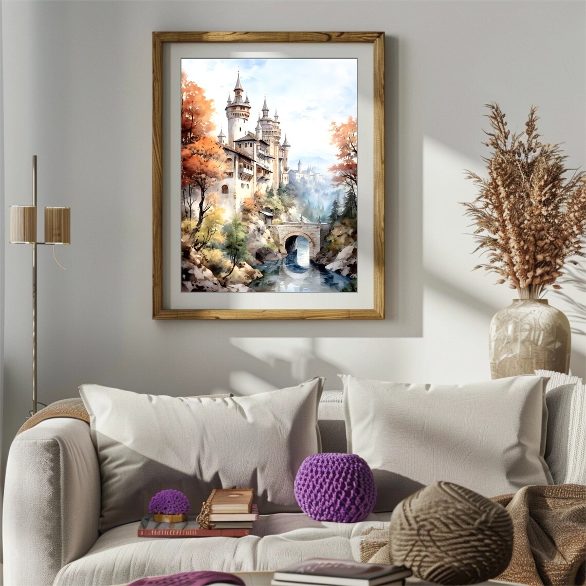 Fairytale Castle Watercolor with Stone Bridge River and Trees Poster - Image 4