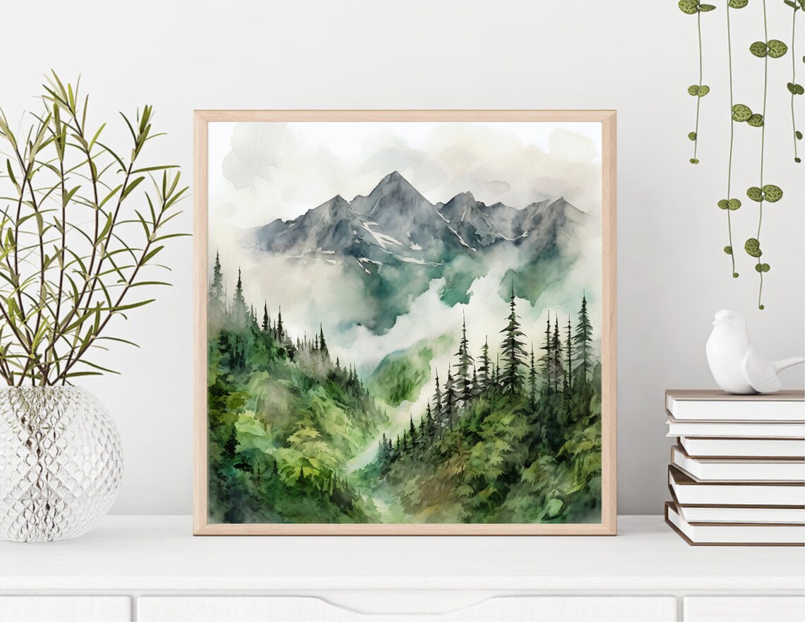 Misty Mountain Landscape Watercolor Art Print - Image 2