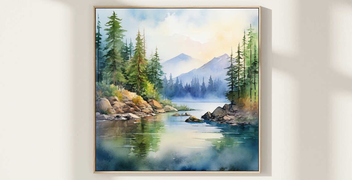 Mountain River Landscape Watercolor Art Print