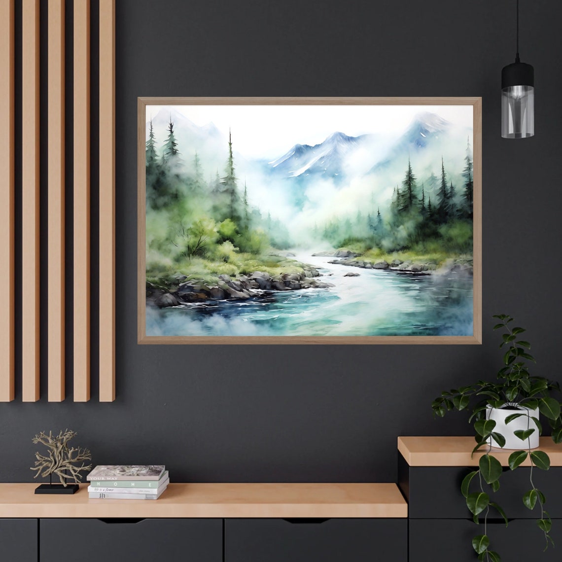 Mountain River Watercolor Turquoise Stream Pine Forest Valley Poster - Image 4