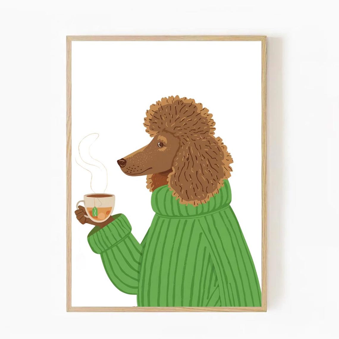 Poodle In Green Sweater Sipping Tea Cozy Dog Lover Wall Poster