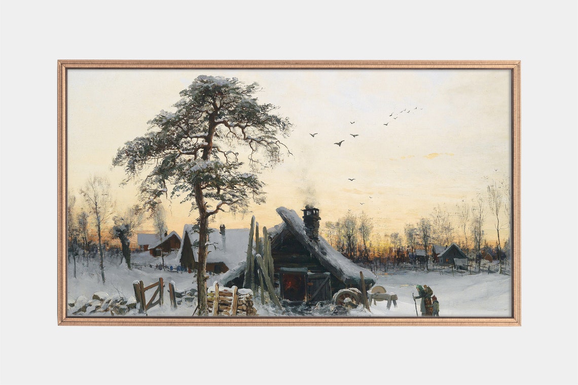 Winter Cabin Evening Light Snowy Landscape Vintage Painting Poster