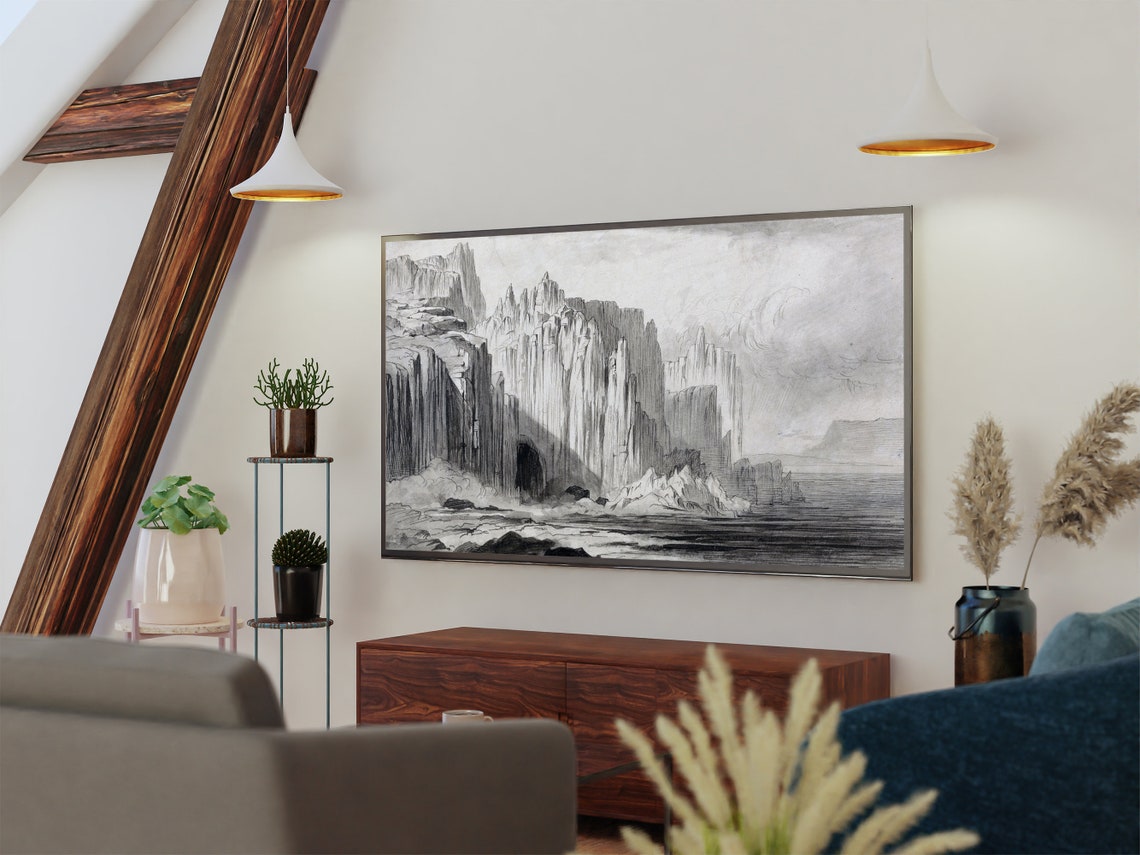 Dramatic Cliff Canyon Sketch Vintage Black White Landscape Art Poster - Image 2