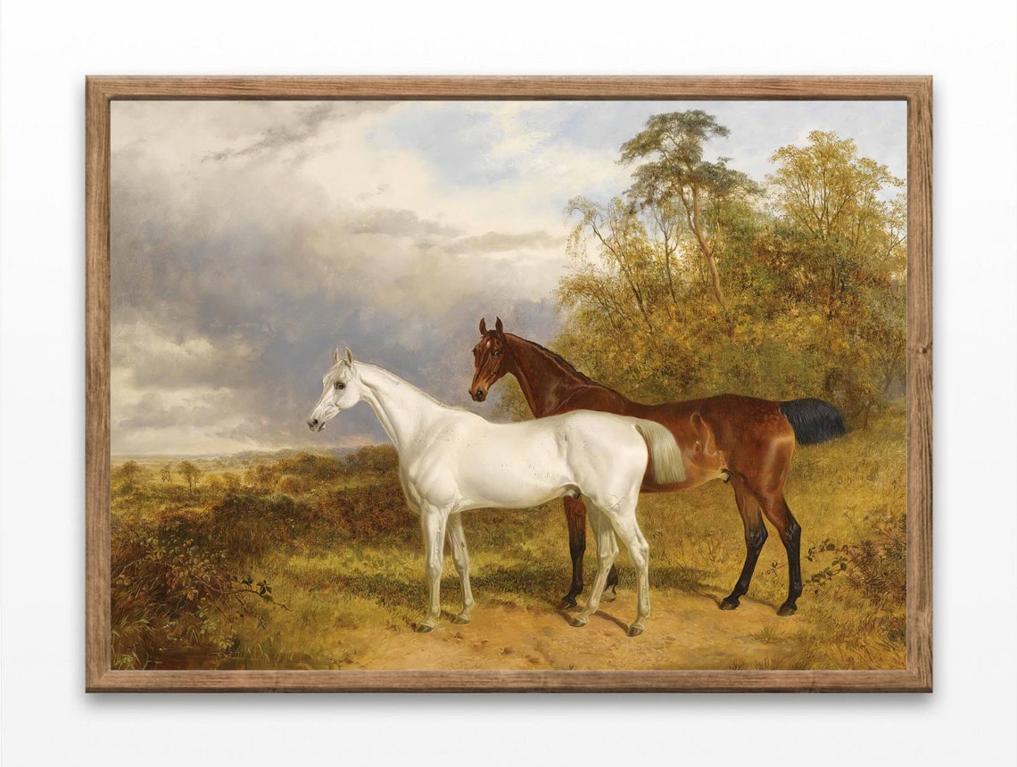 Two Horses Grey And Bay Standing In Golden Field Vintage Art Poster