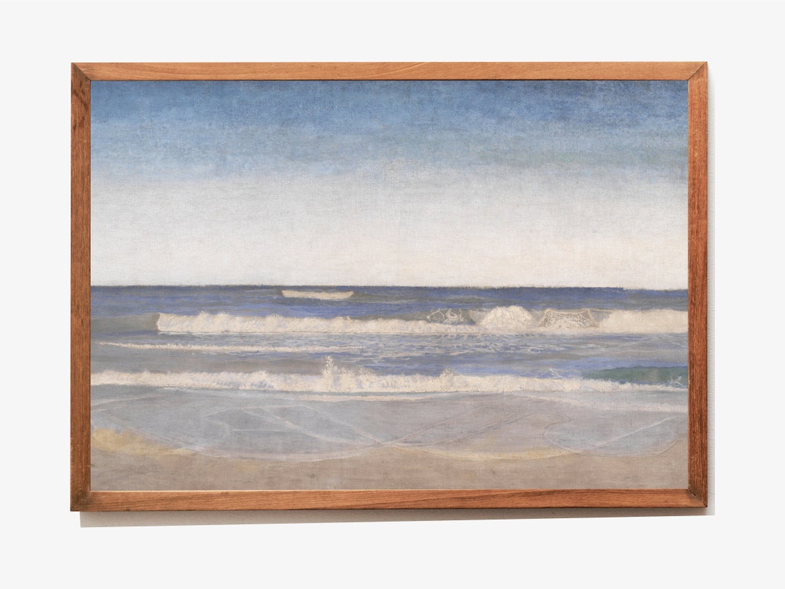 Muted Blue Beach Waves Minimalist Coastal Seascape Oil Painting Poster - Image 3