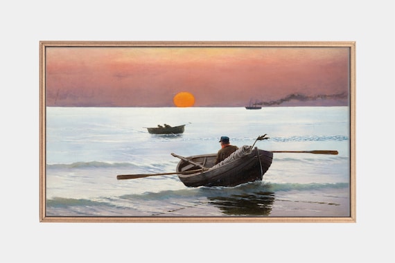 Fisherman Rowboat Sunset Orange Sun Calm Sea Vintage Nautical Art Poster