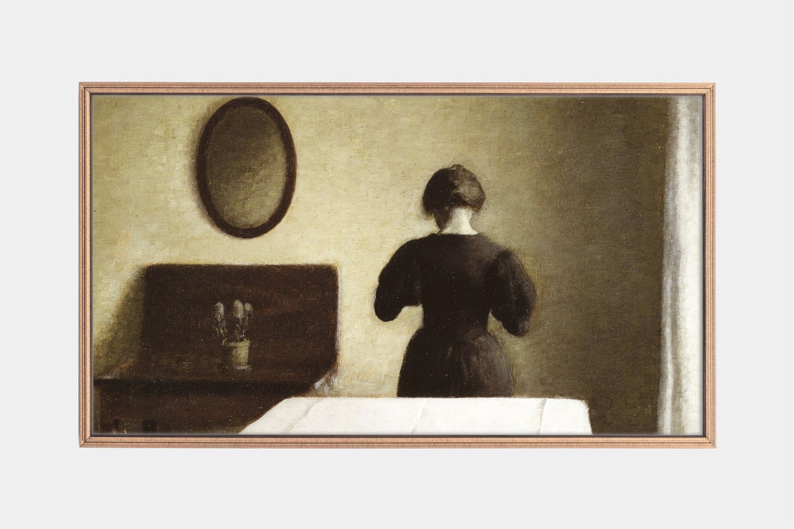 Woman in Black Dress Standing in Quiet Vintage Interior Art Poster