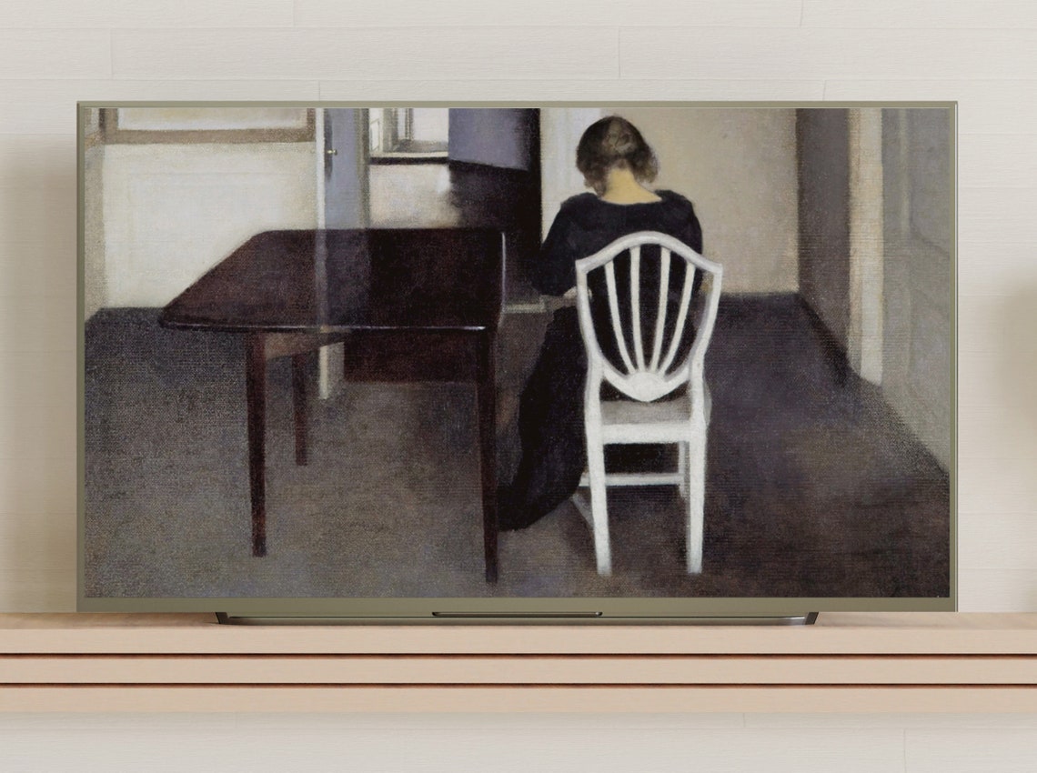 Woman Seated at Dark Table Seen from Behind Vintage Interior Poster - Image 3