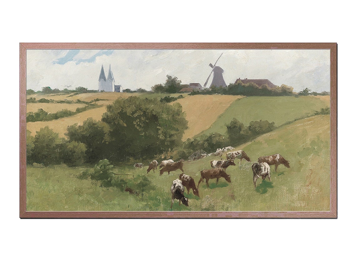Cows Grazing Green Pasture Windmill Church Vintage Landscape Poster