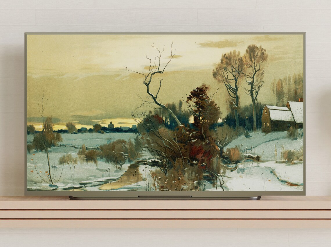 Winter Countryside Farmhouse Golden Sunset Vintage Painting Poster - Image 3