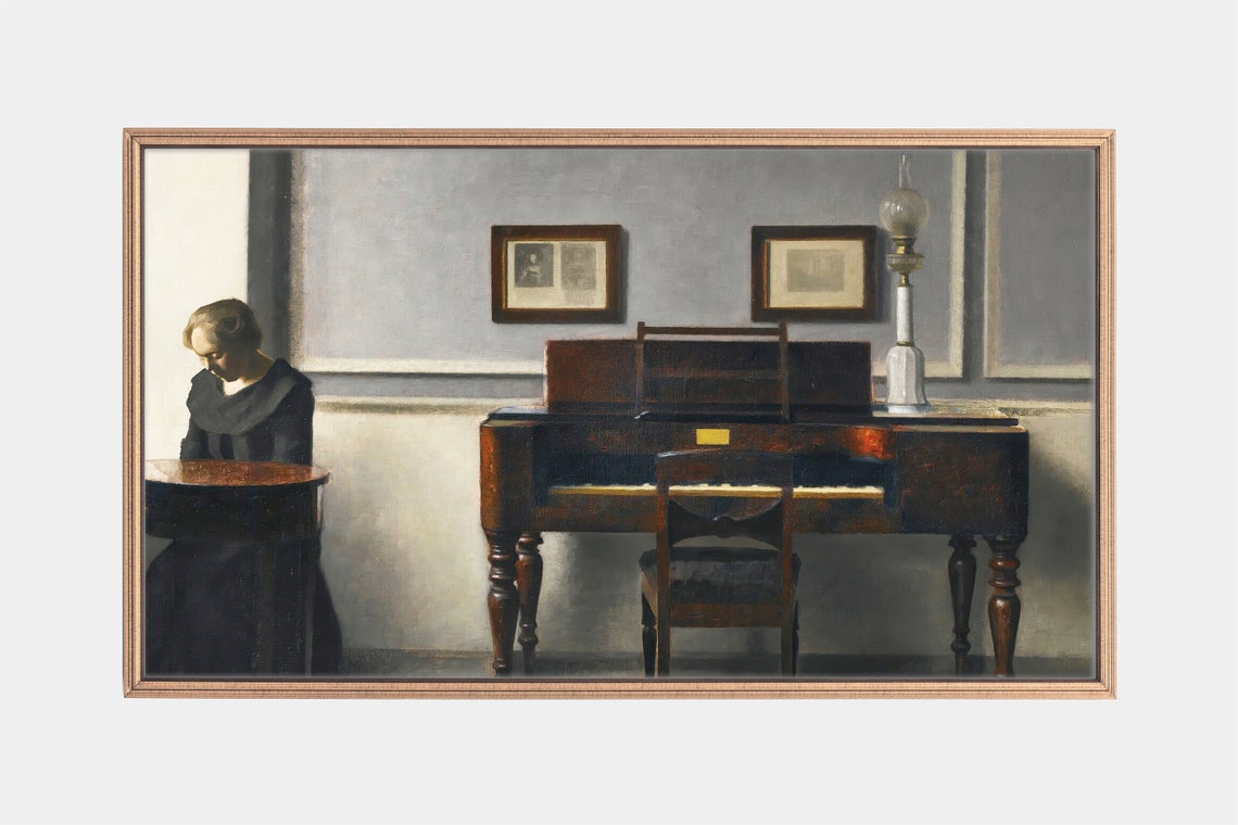 Woman Beside Piano in Muted Gray Vintage Interior Painting Poster