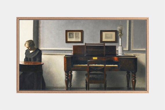 Woman Beside Piano in Muted Gray Vintage Interior Painting Poster