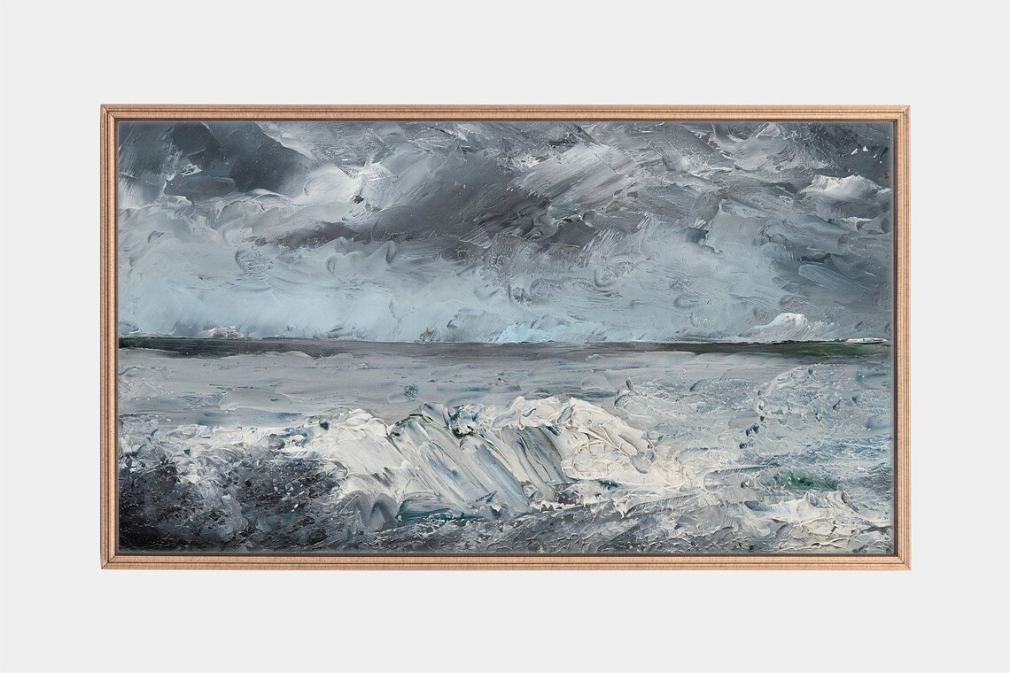 Stormy Ocean Waves Gray Blue Impasto Oil Painting Moody Seascape Poster